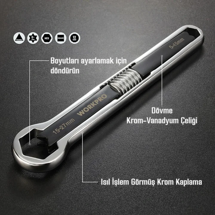 WORKPRO WP272016 5/27mm CR-V Üniversal Ayarlanabilir Çift Başlı Anahtar