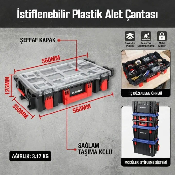 WORKPRO WP283029 24Lt 12 Gözlü Şeffaf Kapaklı İstiflenebilir 56x35x12,5cm Profesyonel Organizer Takım Çantası