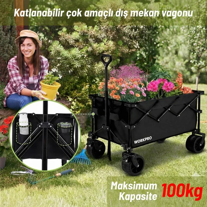 WORKPRO WP285016 100Kg 4 Tekerli Katlanabilir Ağır Hizmet Taşıma Arabası / Plaj Arabası