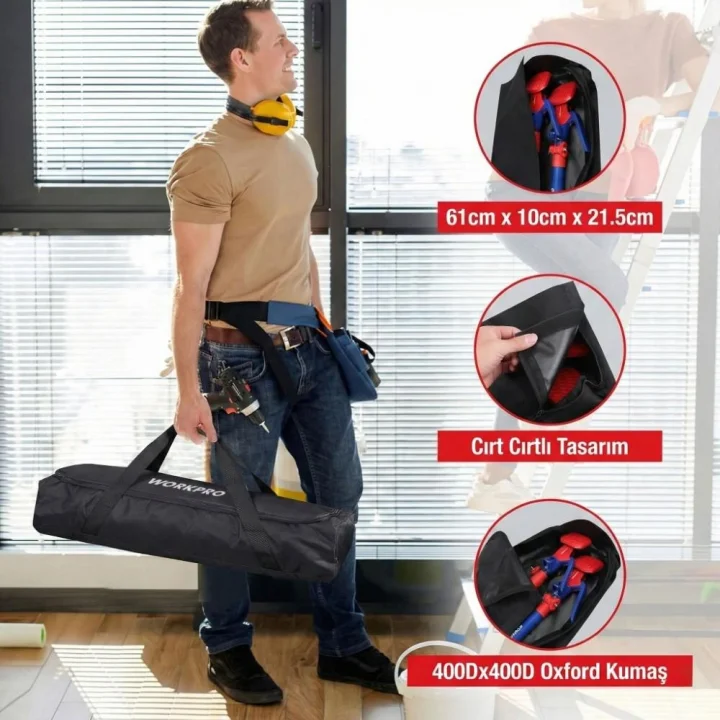 WORKPRO WP289035 60-115cm 70Kg Teleskobik Mandallı Ayarlanabilir 2’Li Çelik Destek Direği + Taşıma Çantası