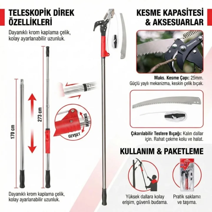 WORKPRO WP333006 270cm 2 IN 1 Teleskobik Saplı Profesyonel Ağaç Budama Testeresi ve 25mm Dal Budama Makası