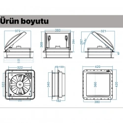 Karavan Tavan Heki 12V 42*42 cm LED Işıklı Çift Yön Fanlı Sineklikli