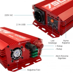 KOBB KBN750 12V/220V 750Watt Tam Sinüs Dönüştürücü İnvertör