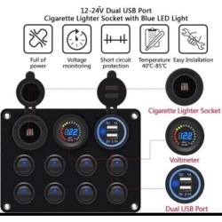 Sigortalı 8 Anahtarlı Kontrol Paneli USB Şarj Çakmaklık Voltaj Göstergesi