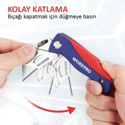 WORKPRO WP211006 Ağır Hizmet Paslanmaz Çelik Gövde Katlanır Rötuş Maket Bıçağı + 6 Adet Yedek Bıçak