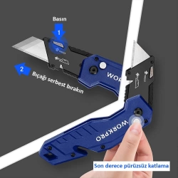 WORKPRO WP211008 Profesyonel Katlanır Çok Amaçlı Rötuş Maket Bıçağı + 10 Adet Yedek Bıçak