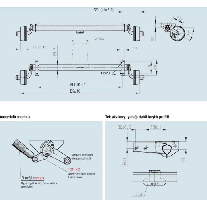 AL-KO B850-10 1000Kg 1400mm Torsiyonlu Frenli Aks Dingil
