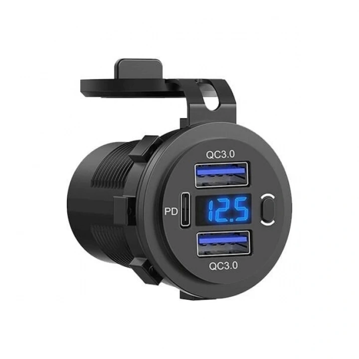 Çift QC 3.0 USB & PD Type C 12V 8,5A Şarj Prizi – Voltmetreli