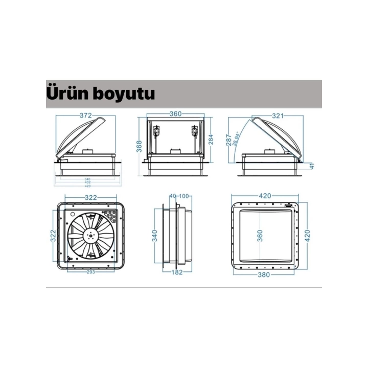 Karavan Tavan Heki 12V 42*42 cm LED Işıklı Çift Yön Fanlı Sineklikli