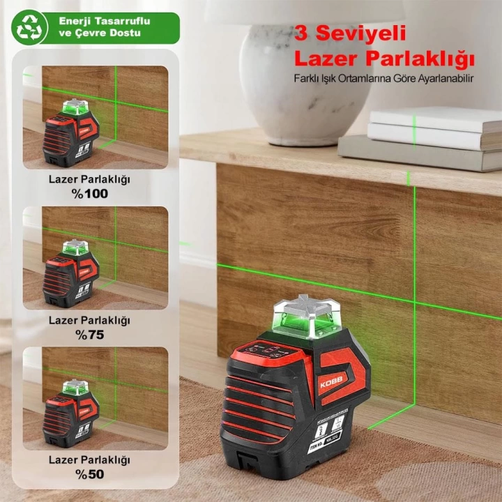 KOBB KBL32G Profesyonel Li-ion Yatay 360° ve Dikey Otomatik Hizalamalı Yeşil Nokta Şakül ve Yeşil Çapraz Çizgi Lazer