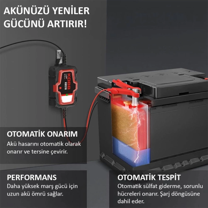 KOBB KBS1A 6V/12V 30Ah Akıllı Akü Şarj ve Akü Bakım / Desülfatör