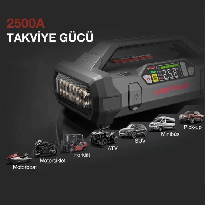Lokithor JA2500 12V 2500Amp LiFePO4 Akıllı Akü Takviye + Pompa + Powerbank + Led Lamba
