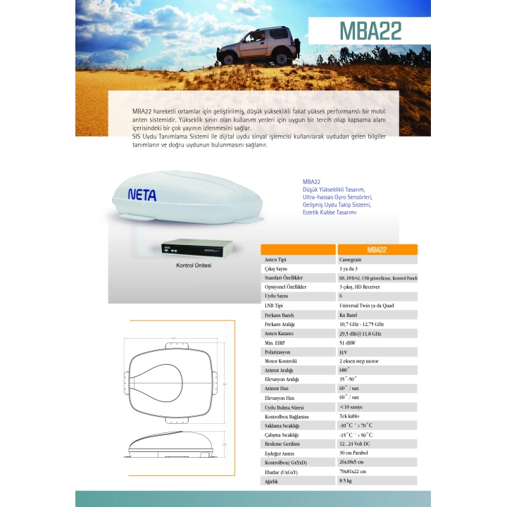 NETA MBA22 Tek Çıkışlı Mobilsat Karavan Otobüs Araç Uydu Anteni