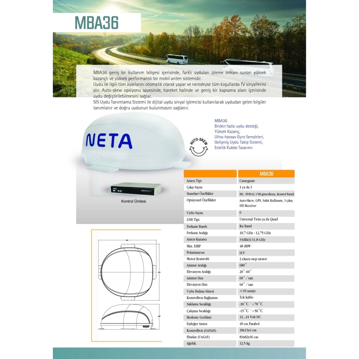 NETA MBA36 AutoSkew Tek Çıkışlı Karavan Uydu Anteni
