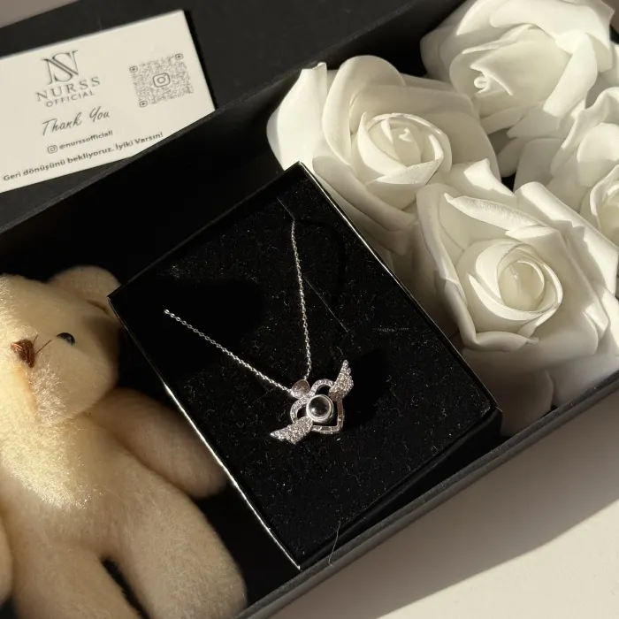 100 dilde seni seviyorum kanatlı kalp gümüş renk