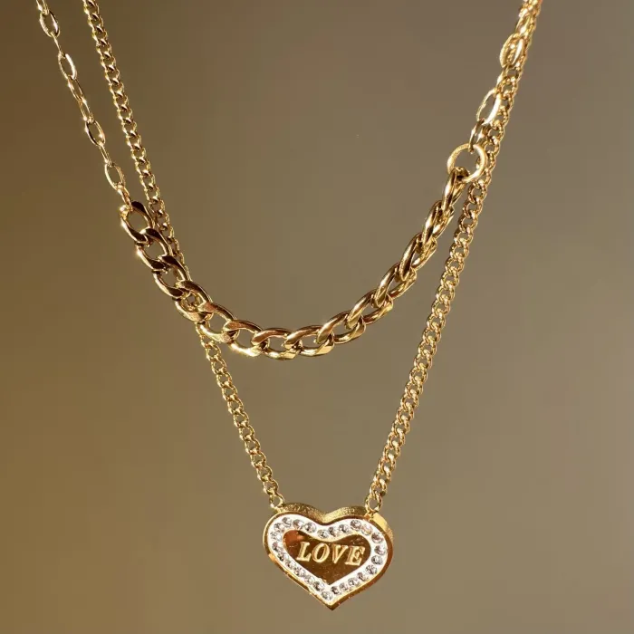 LOVE YAZILI İKİLİ ÇELİK KALP KOLYE