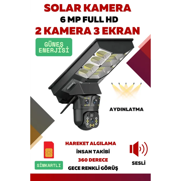 2 Kamera 3 Ekranlı 6 Mp Full HD Solar Kamera Aydınlatmalı Güneş Enerjili Kamera-4G NJPUWZH6VA