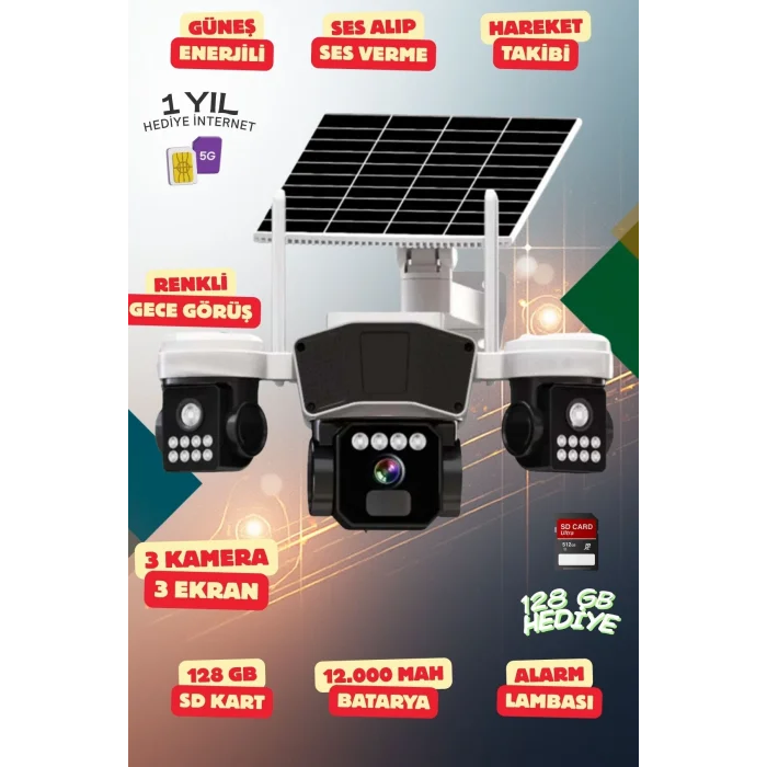 4K SimKartlı 3 Kameralı Güvenlik Kamerası Renkli Gece Görüş Sesli 360 Derece W04