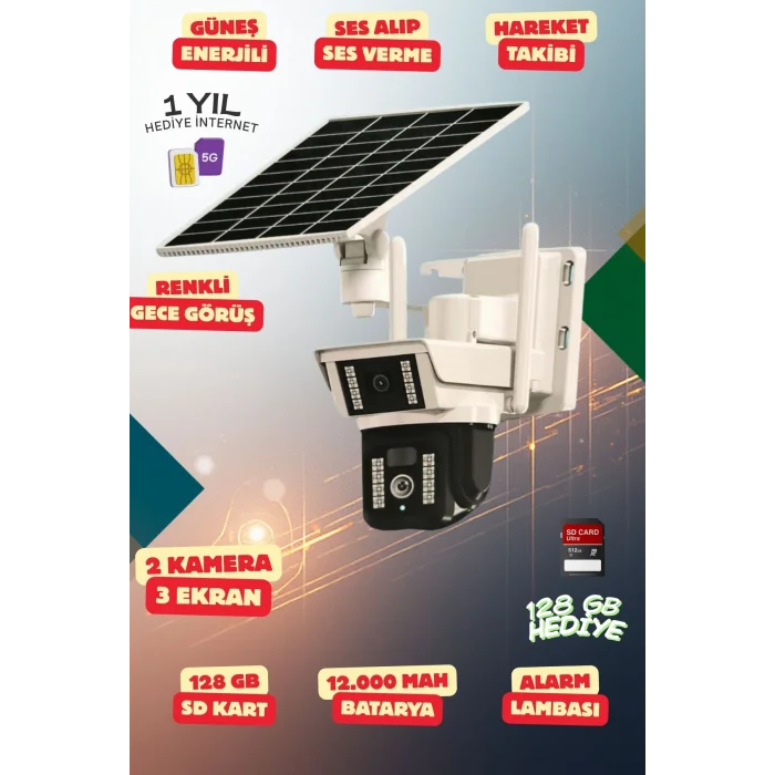 4K SimKartlı Güneş Enerjili 3 Kameralı Güvenlik Kamerası Renkli Gece Görüş Sesli 360 Derece W05