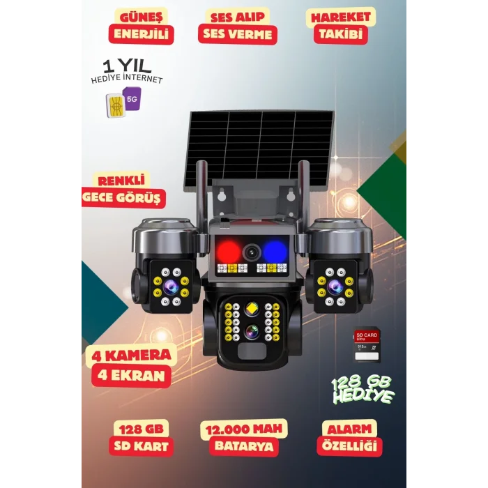 4K SimKartlı Güneş Enerjili 4 Kameralı Güvenlik Kamerası Renkli Gece Görüş Sesli 360 Derece W07