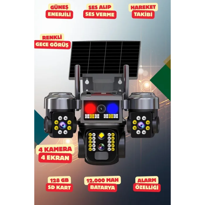 4K SimKartlı Güneş Enerjili 4 Kameralı Güvenlik Kamerası Renkli Gece Görüş Sesli 360 Derece W07