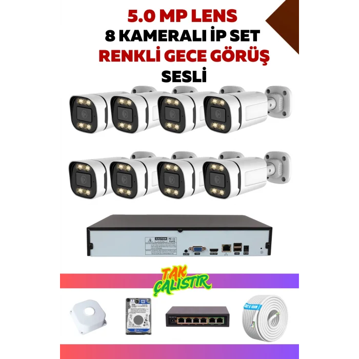 8 Kameralı Set - 5MP Sony Lensli 4.0 MP İp Gece Görüşlü Güvenlik Kamerası Sistemi - KL5RLIYHI1