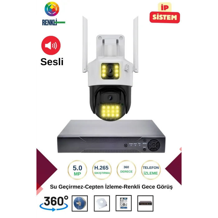 İrtech-1 Kameralı 360 Derece Sesli İp Güvenlik Kamera Seti Renkli Gece Görüş-Su Geçirmez GK01