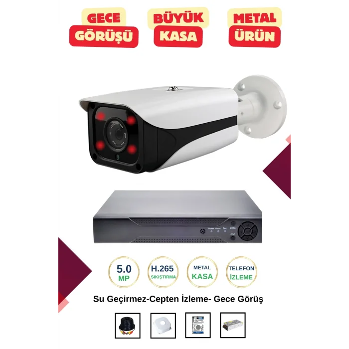 İrtech-1 Kameralı Güvenlik Kamera Seti Metal-Gece Görüşlü-Su Geçirmez-Tak Çalıştır G09