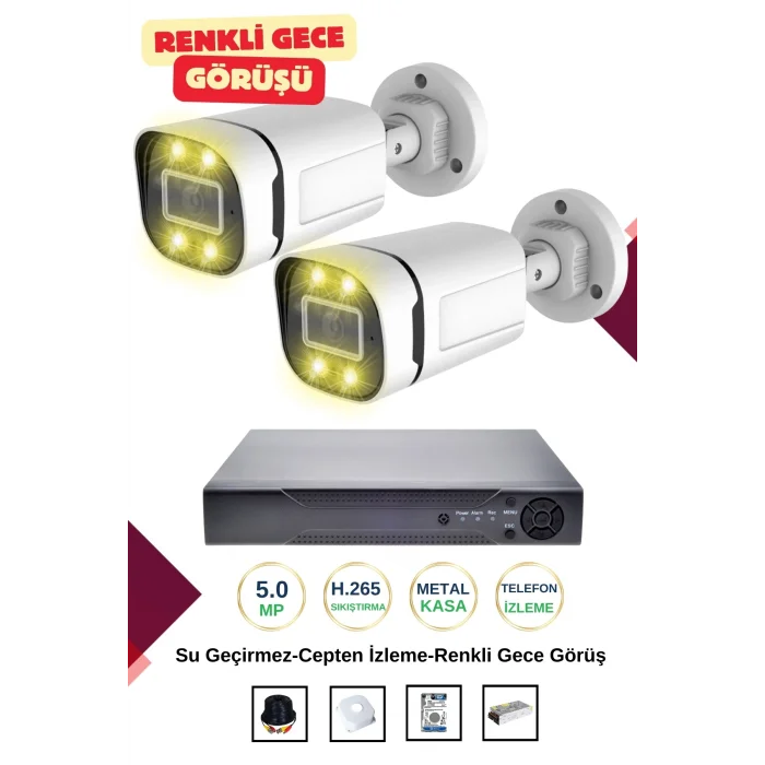 İrtech 2 Kameralı Güvenlik Kamera Seti -Renkli Gece Görüşlü-Su Geçirmez-Tak Çalıştır G12