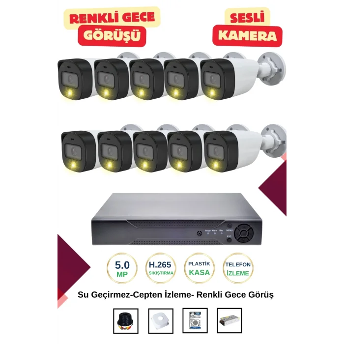 İrtech-10 Kameralı Güvenlik Kamera Seti Gece Renkli Görüşlü-Sesli-Su Geçirmez-Tak Çalıştır G06