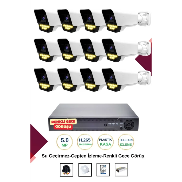 İrtech- 12 Kameralı Güvenlik Kamera Seti Gece Renkli Görüşlü-Su Geçirmez-Tak Çalıştır G07