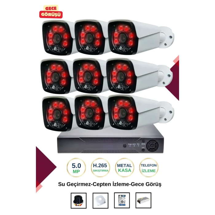 İrtech-9 Kameralı Güvenlik Kamera Seti Metal-Gece Görüşlü-Su Geçirmez-Tak Çalıştır G08