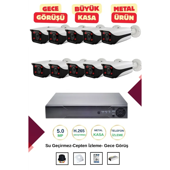 İrtech-10 Kameralı Güvenlik Kamera Seti Metal-Gece Görüşlü-Su Geçirmez-Tak Çalıştır G09