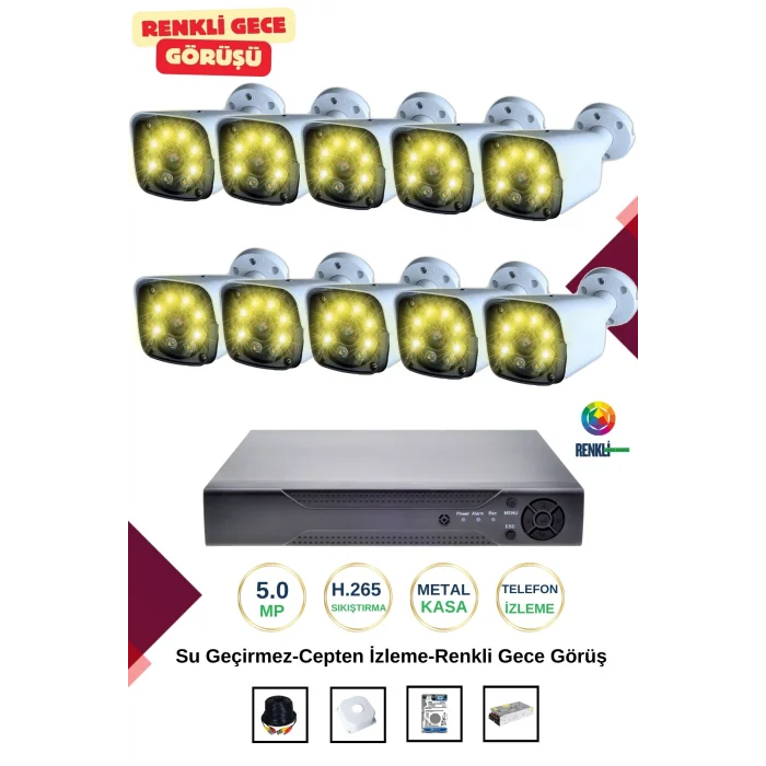 İrtech 10 Kameralı Güvenlik Kamera Seti Metal-Renkli Gece Görüşlü-Su Geçirmez-Tak Çalıştır G11