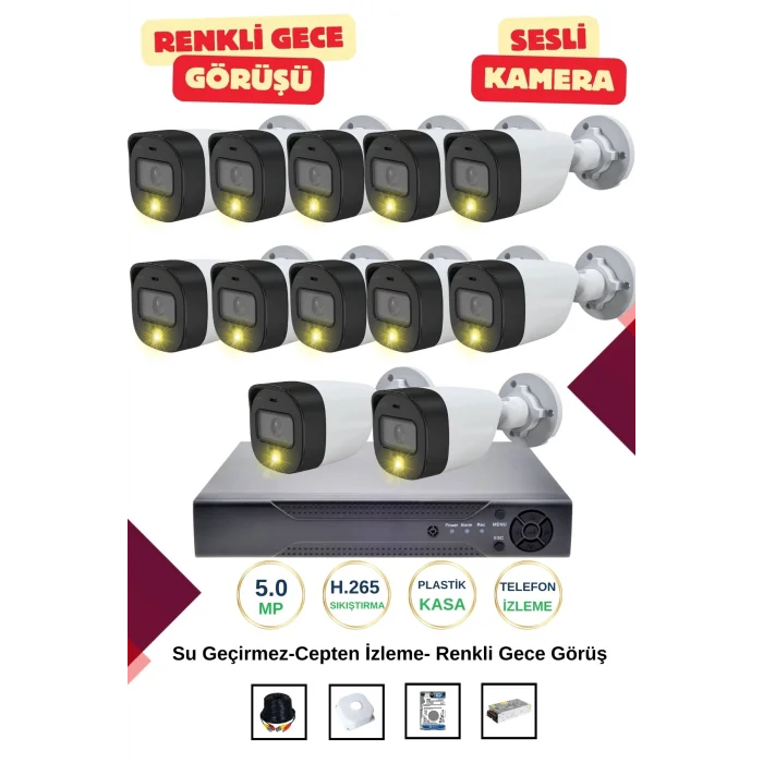 İrtech-12 Kameralı Güvenlik Kamera Seti Gece Renkli Görüşlü-Sesli-Su Geçirmez-Tak Çalıştır G06