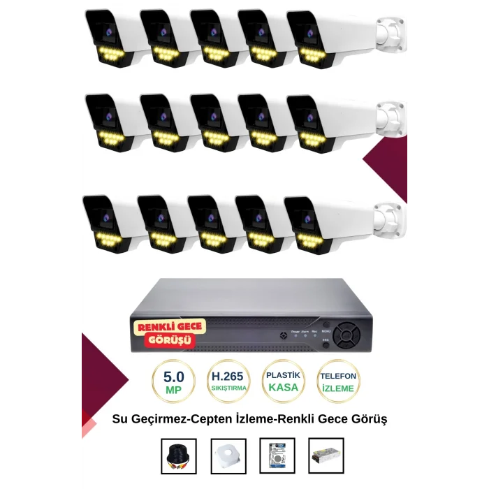 İrtech- 15 Kameralı Güvenlik Kamera Seti Gece Renkli Görüşlü-Su Geçirmez-Tak Çalıştır G07