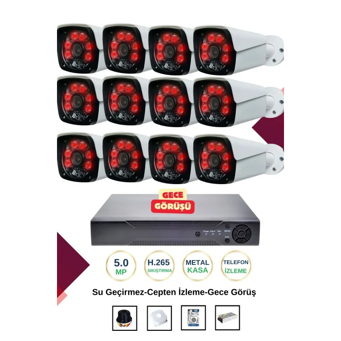 İrtech-12 Kameralı Güvenlik Kamera Seti Metal-Gece Görüşlü-Su Geçirmez-Tak Çalıştır G08