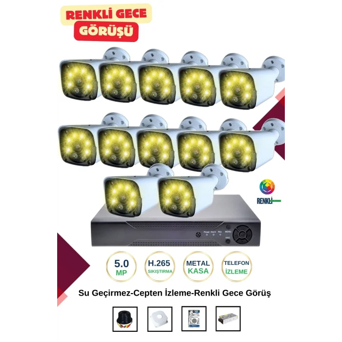 İrtech 12 Kameralı Güvenlik Kamera Seti Metal-Renkli Gece Görüşlü-Su Geçirmez-Tak Çalıştır G11