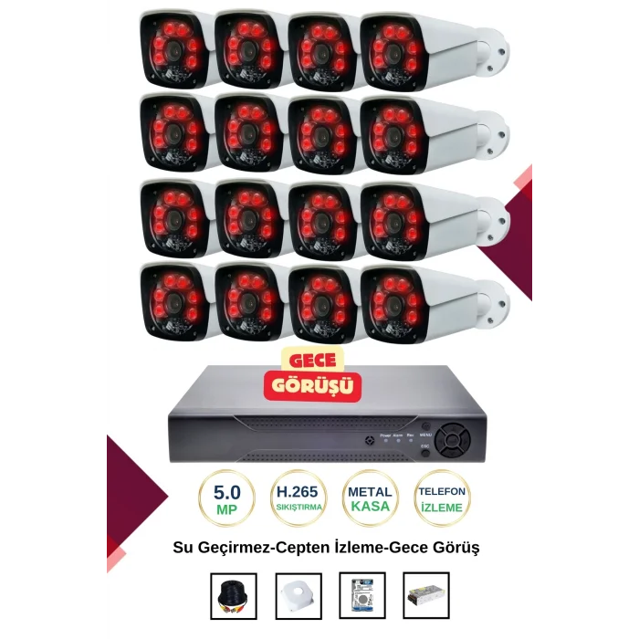 İrtech-16 Kameralı Güvenlik Kamera Seti Metal-Gece Görüşlü-Su Geçirmez-Tak Çalıştır G08