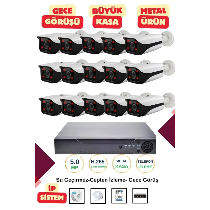 İrtech-15 Kameralı İp Güvenlik Kamera Seti Metal-Gece Görüşlü-Su Geçirmez-Tak Çalıştır G10