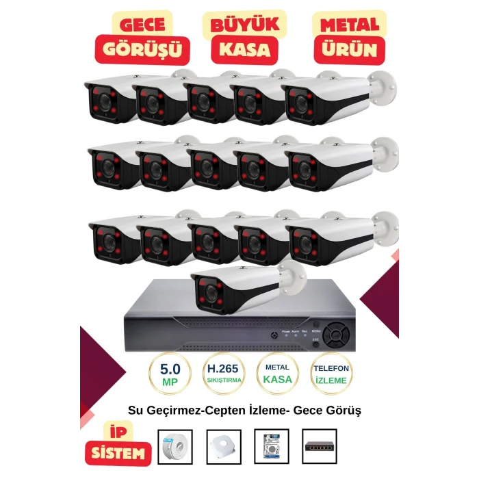 İrtech-16 Kameralı İp Güvenlik Kamera Seti Metal-Gece Görüşlü-Su Geçirmez-Tak Çalıştır G10