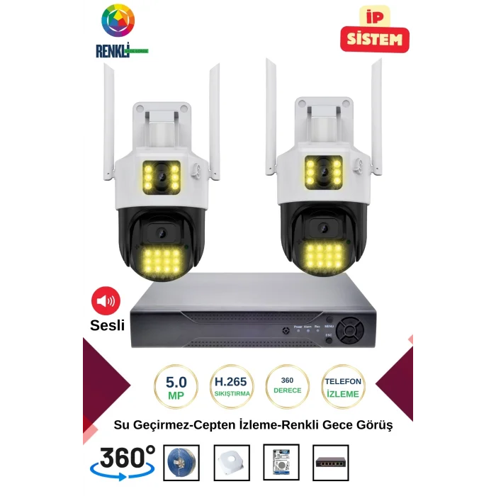 İrtech-2 Kameralı 360 Derece Sesli İp Güvenlik Kamera Seti Renkli Gece Görüş-Su Geçirmez GK01