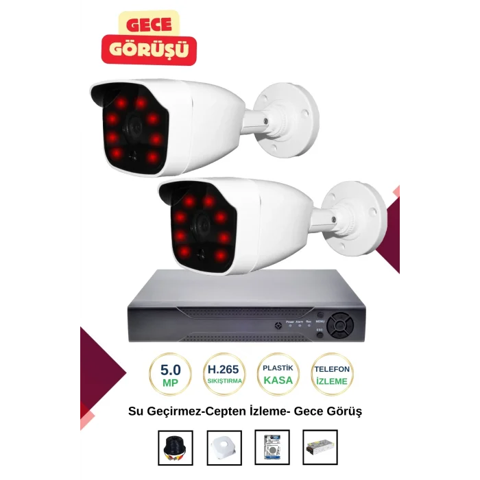 İrtech-2 Kameralı Güvenlik Kamera Seti Gece Görüşlü-Su Geçirmez-Tak Çalıştır G01