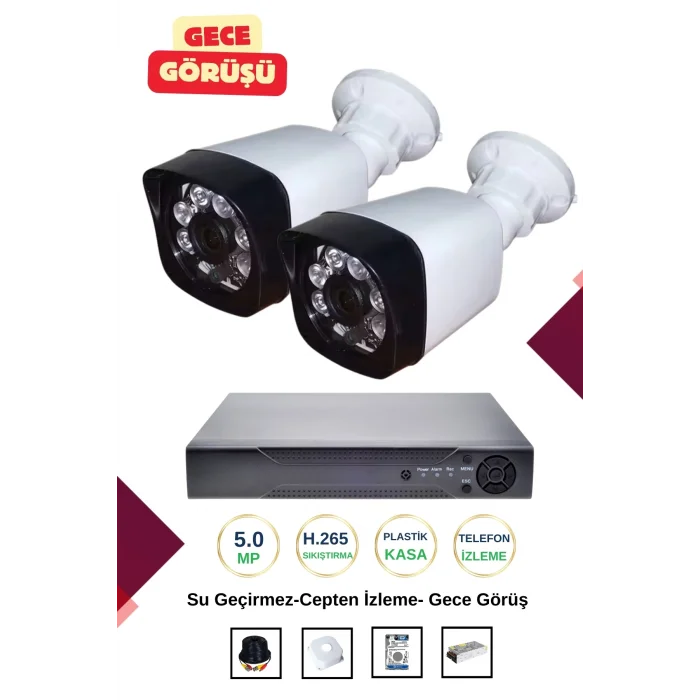 İrtech-2 Kameralı Güvenlik Kamera Seti Gece Görüşlü-Su Geçirmez-Tak Çalıştır G02