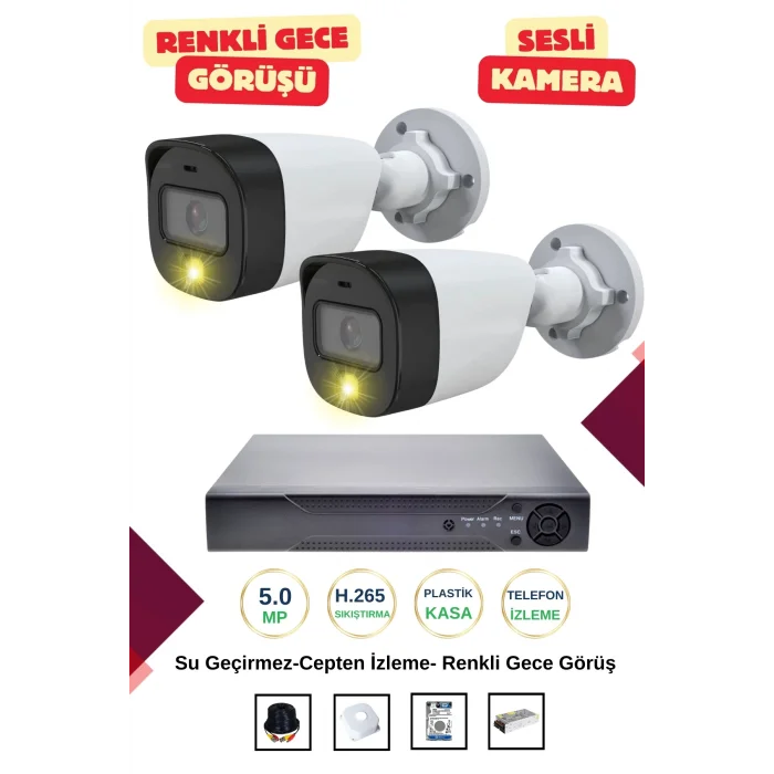 İrtech-2 Kameralı Güvenlik Kamera Seti Gece Renkli Görüşlü-Sesli-Su Geçirmez-Tak Çalıştır G06