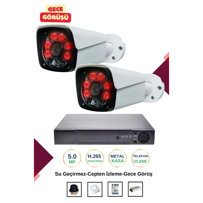 İrtech-2 Kameralı Güvenlik Kamera Seti Metal-Gece Görüşlü-Su Geçirmez-Tak Çalıştır G08