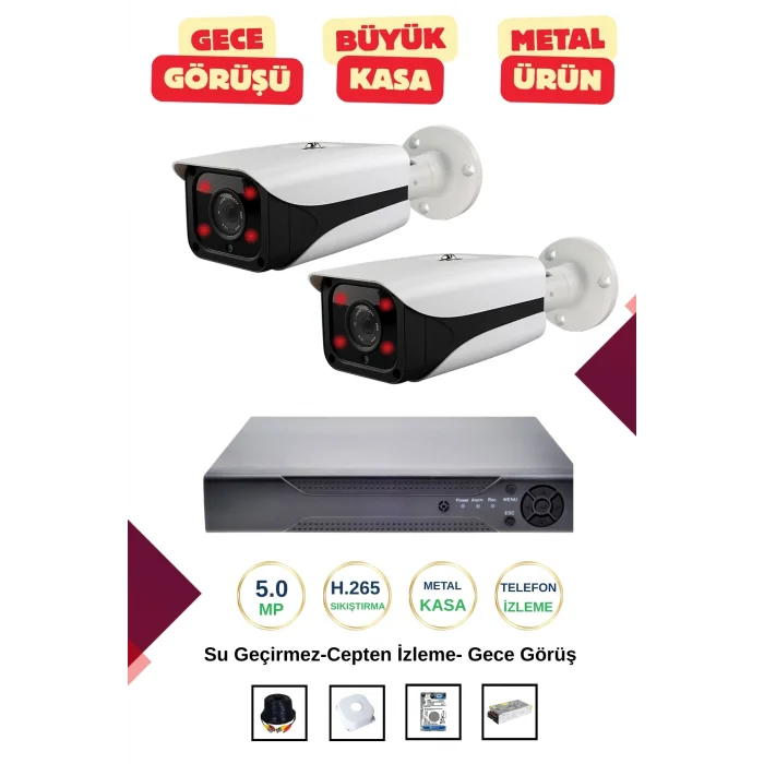 İrtech-2 Kameralı Güvenlik Kamera Seti Metal-Gece Görüşlü-Su Geçirmez-Tak Çalıştır G09