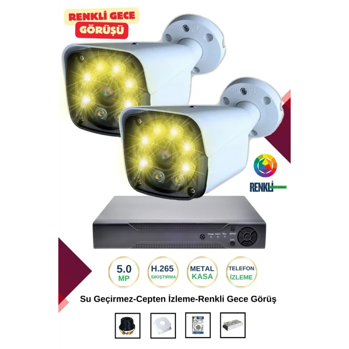İrtech-2 Kameralı Güvenlik Kamera Seti Metal-Renkli Gece Görüşlü-Su Geçirmez-Tak Çalıştır G11