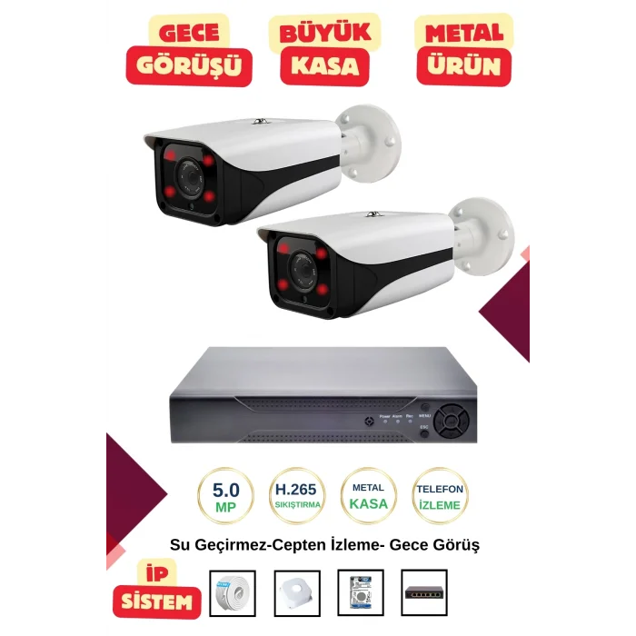 İrtech-2 Kameralı İp Güvenlik Kamera Seti Metal-Gece Görüşlü-Su Geçirmez-Tak Çalıştır G10