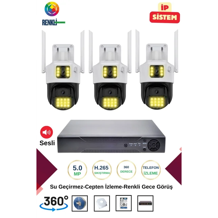 İrtech-3 Kameralı 360 Derece Sesli İp Güvenlik Kamera Seti Renkli Gece Görüş-Su Geçirmez GK01